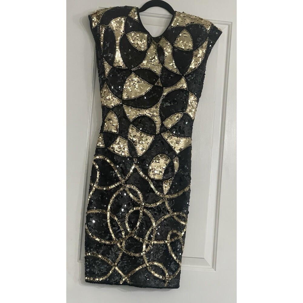NWT VINTAGE CACHE BLACK AND GOLD SEQUIN DRESS SIZE 6